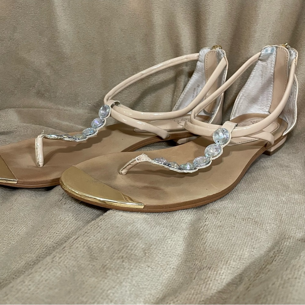 Isola Nude Crystal T-Strap Sandals with Gold Toe Caps. - Picture 2 of 6